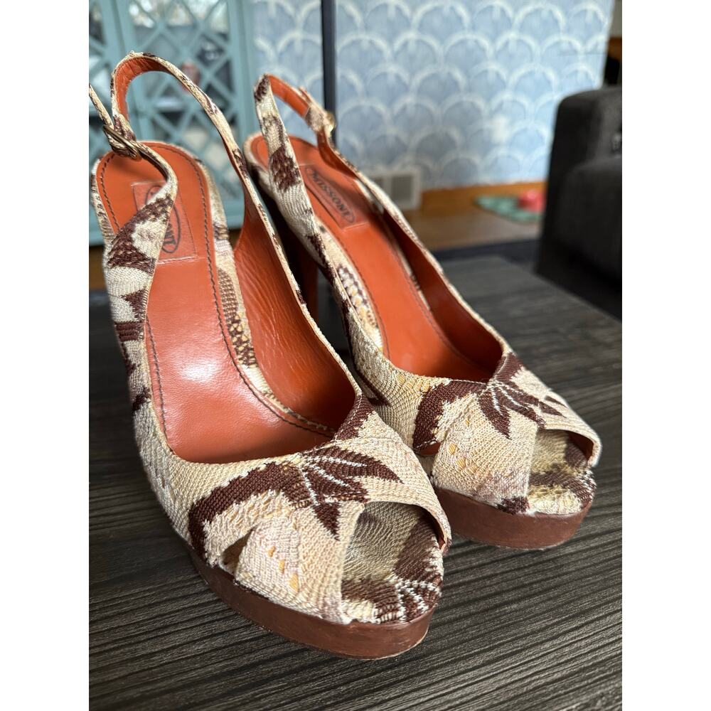 MISSONI Patterned Fabric High Heeled Peep Toe Platform Heels Italian Sz 39.5
